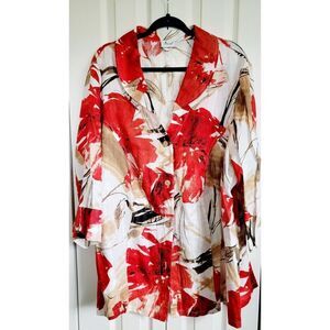 Verpass 3X/4X 100% Linen Jacket Size G54 3/4 Sleeve‎ Tan Red Floral Pockets